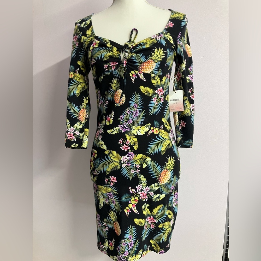 Women’s Tropical Print Dress, Size S, Multicolored, 3/4 Sleeves, Forever 21, NWT